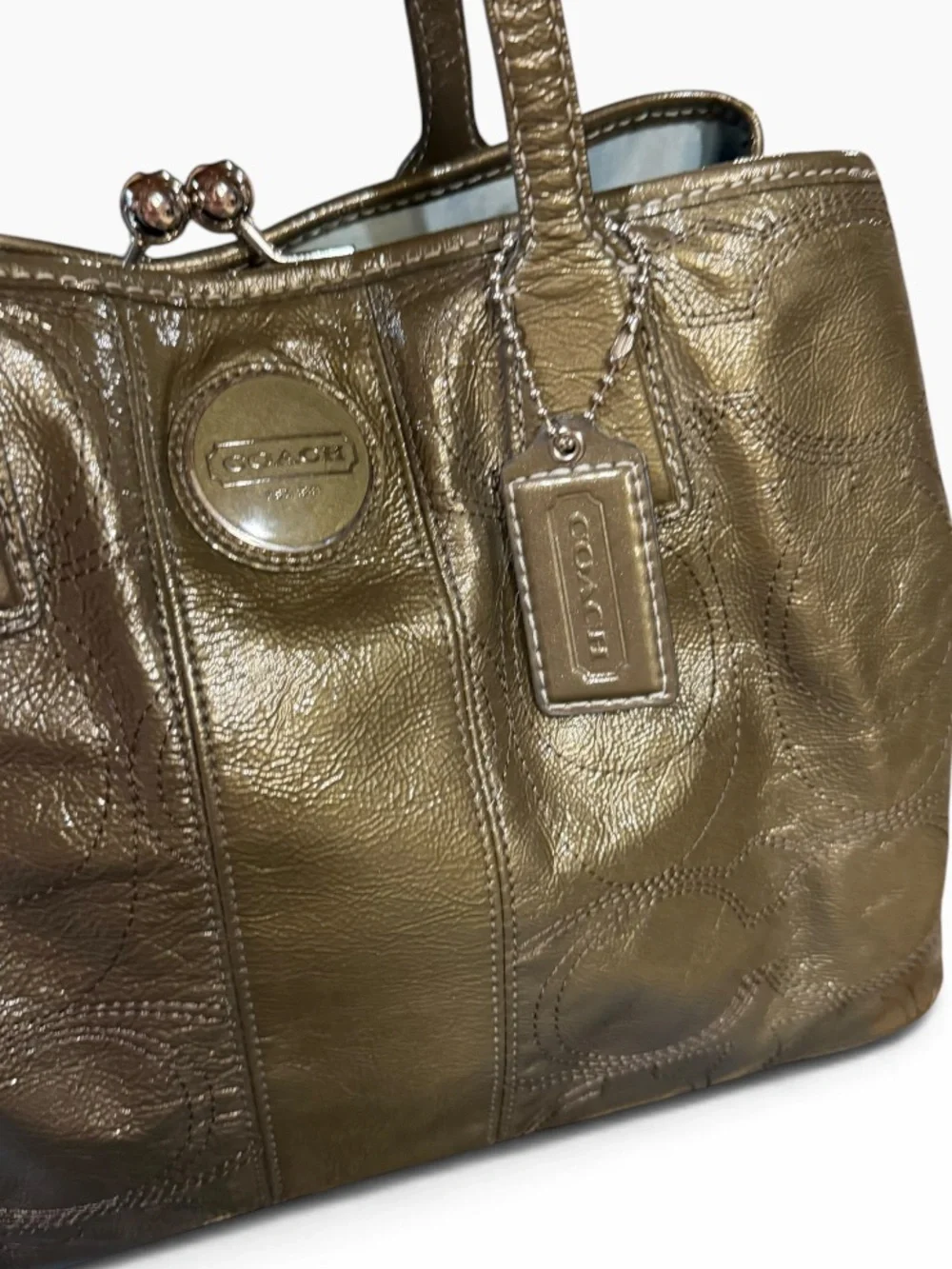 Coach Poppy Glam Tote F15658 Metallic Olive Patent Leather Kisslock Shoulder Bag
